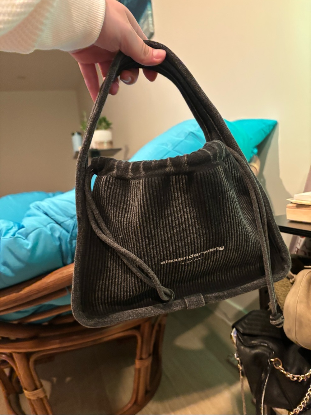 Alexander Wang Black Corduroy Drawstring Satchel